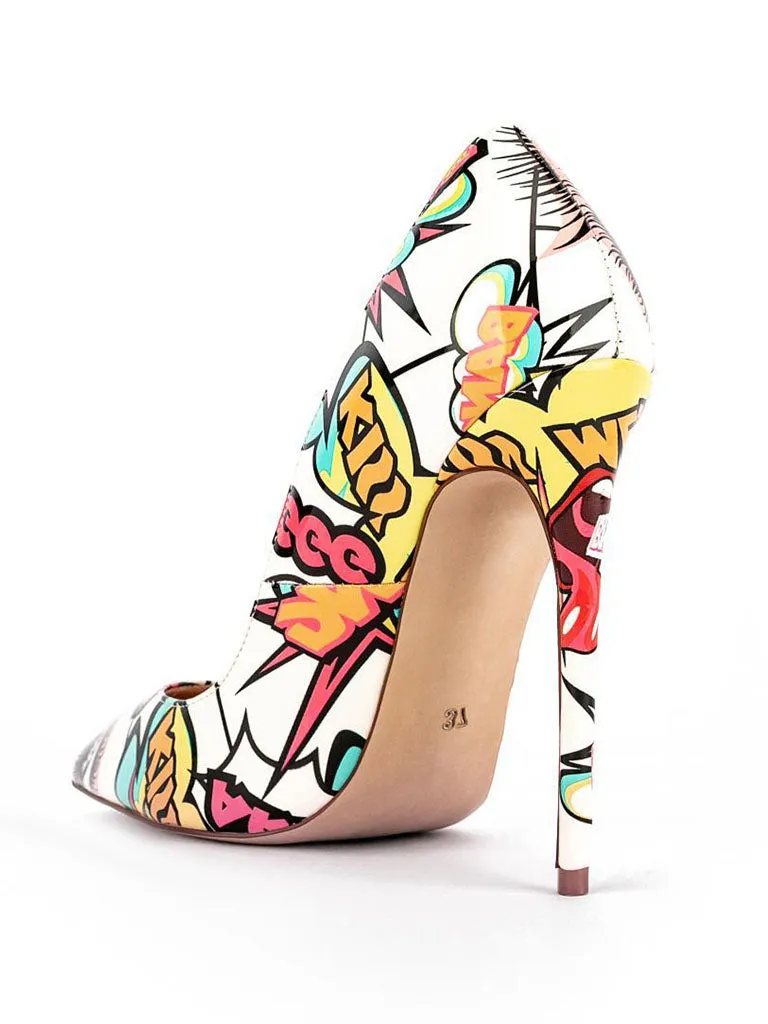 12cm Height Women's Floral Print Pointed Toe PU Leather Heels