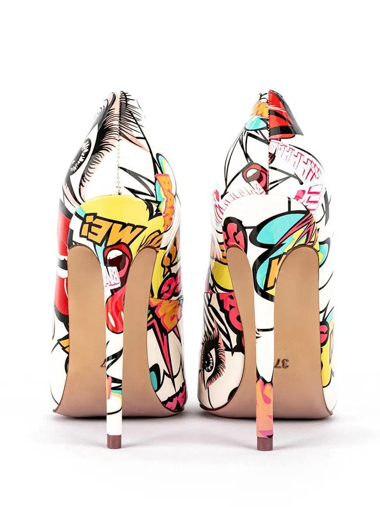 12cm Height Women's Floral Print Pointed Toe PU Leather Heels