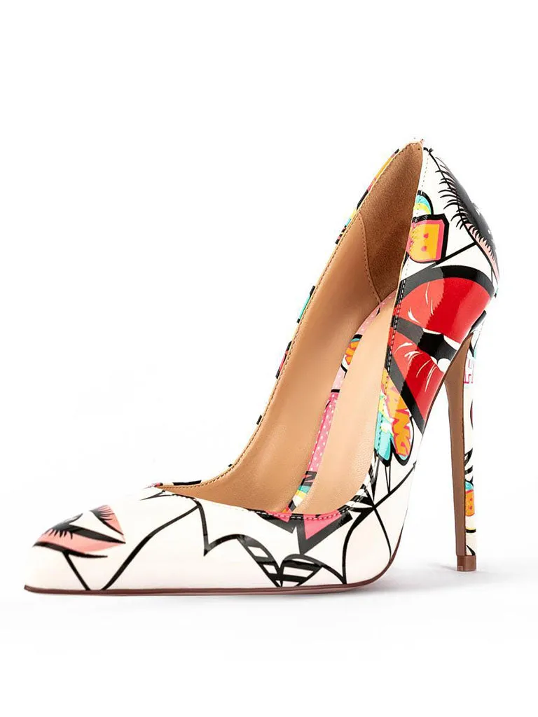 12cm Height Women's Floral Print Pointed Toe PU Leather Heels