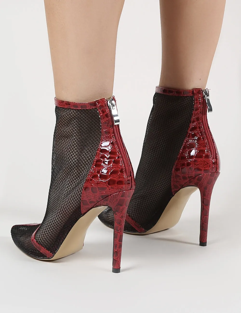 Aleisha Mesh Pointed Ankle Boots in Red Croc