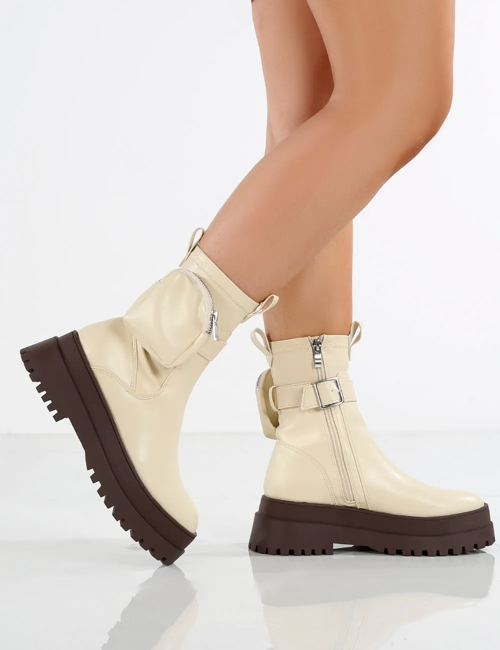 Amber x Public Desire Thought Ecru PU Chocolate Chunky Sole Ankle Boot