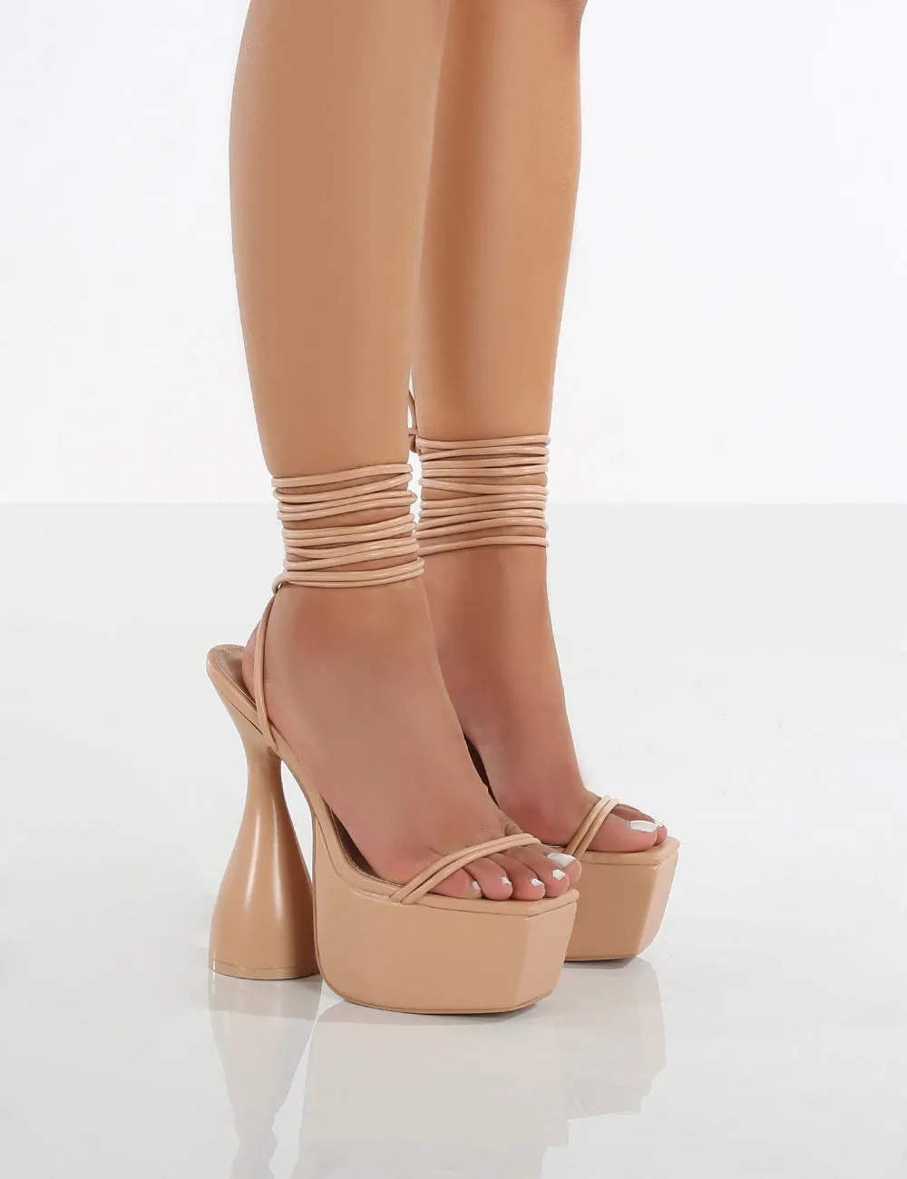 Anabele Nude Pu Lace Up Cylinder Platform Heels