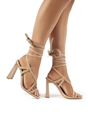 Atlanta Nude PU Lace Up Block High Heels