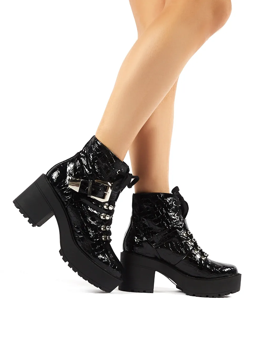 Attitude Black Patent Croc Chunky Sole Heeled Ankle Boots