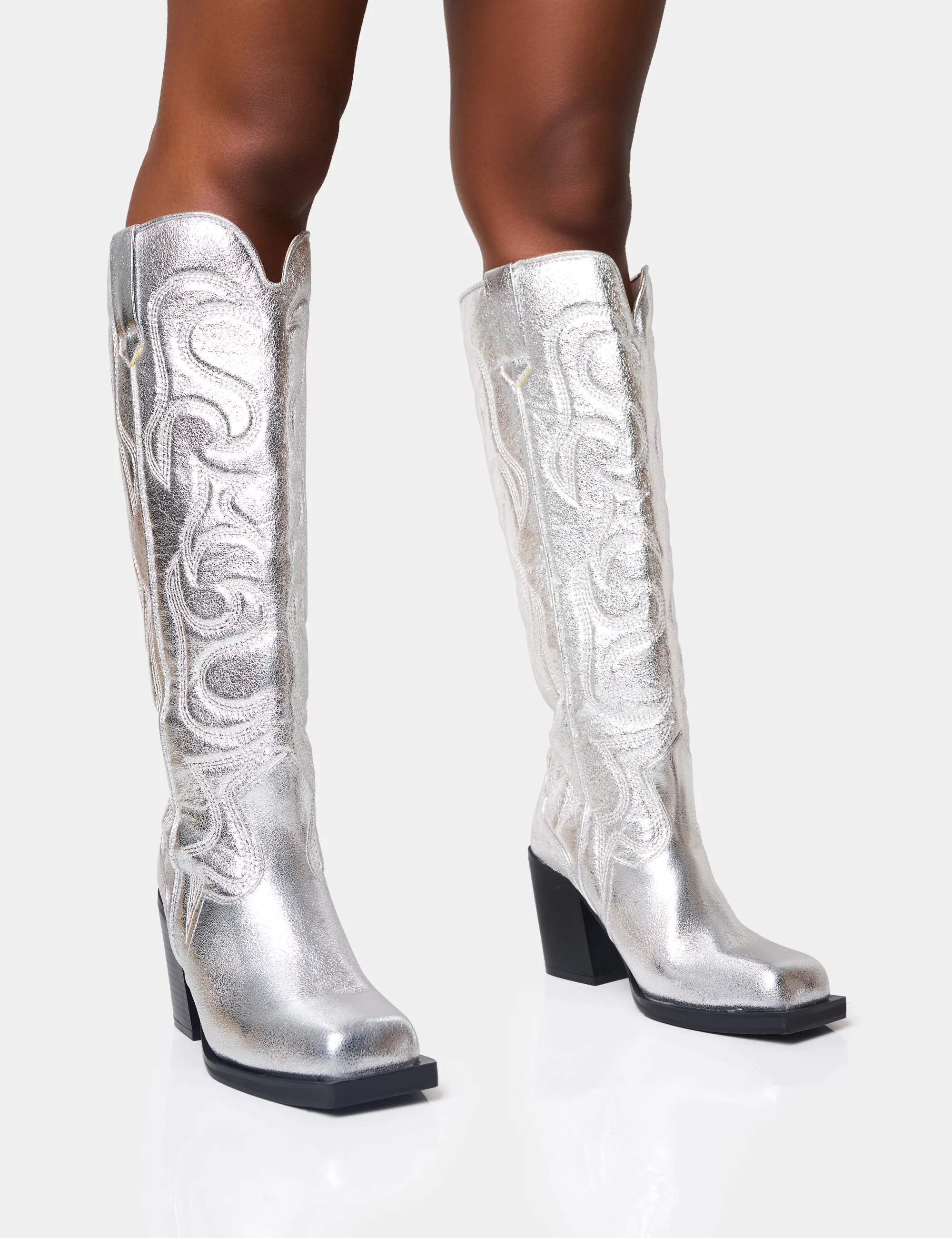 Austine Silver Western Block Heel Knee High Boots