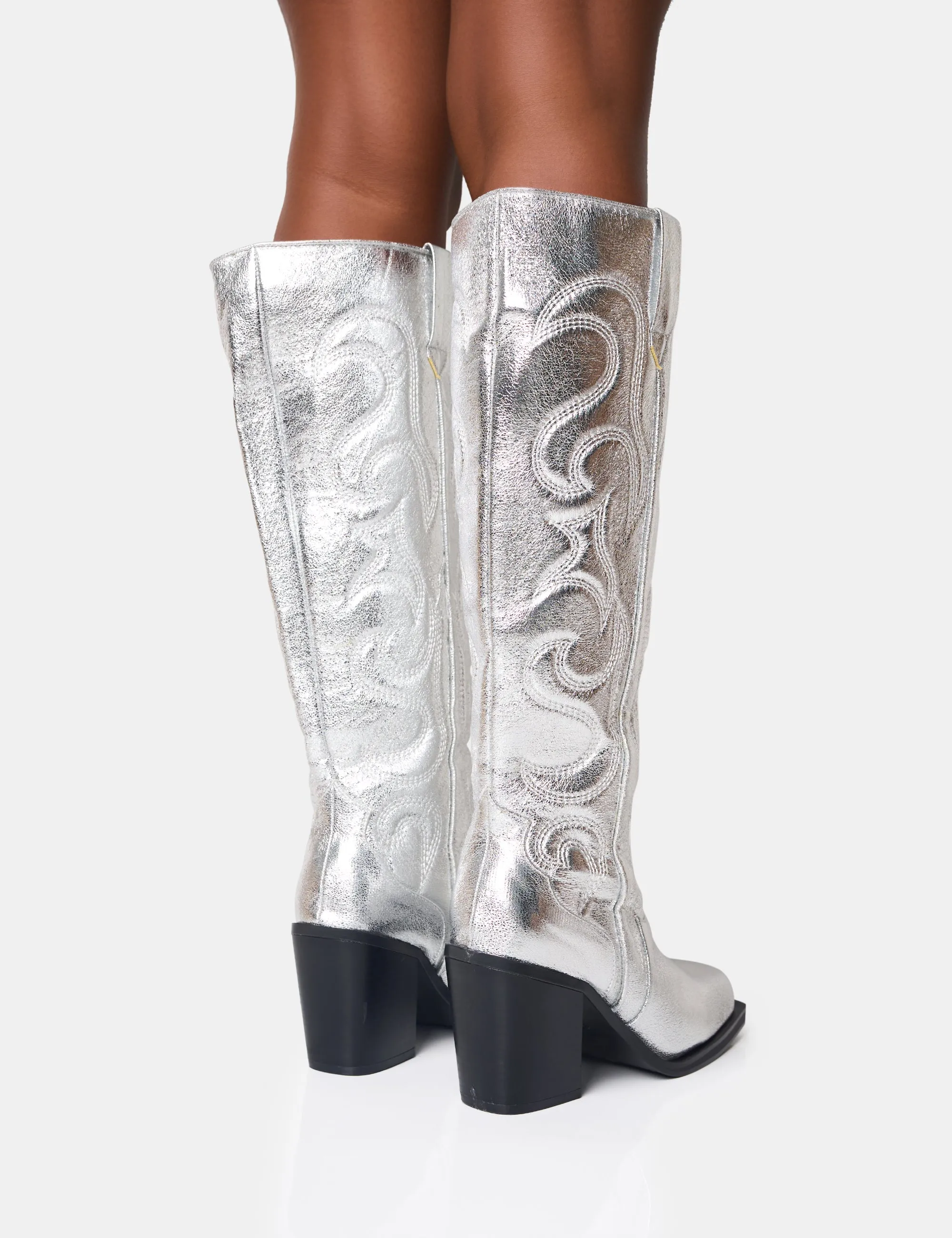 Austine Silver Western Block Heel Knee High Boots