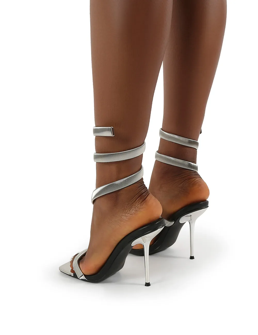 Axel Silver Ankle Wrap Around Stiletto Heels