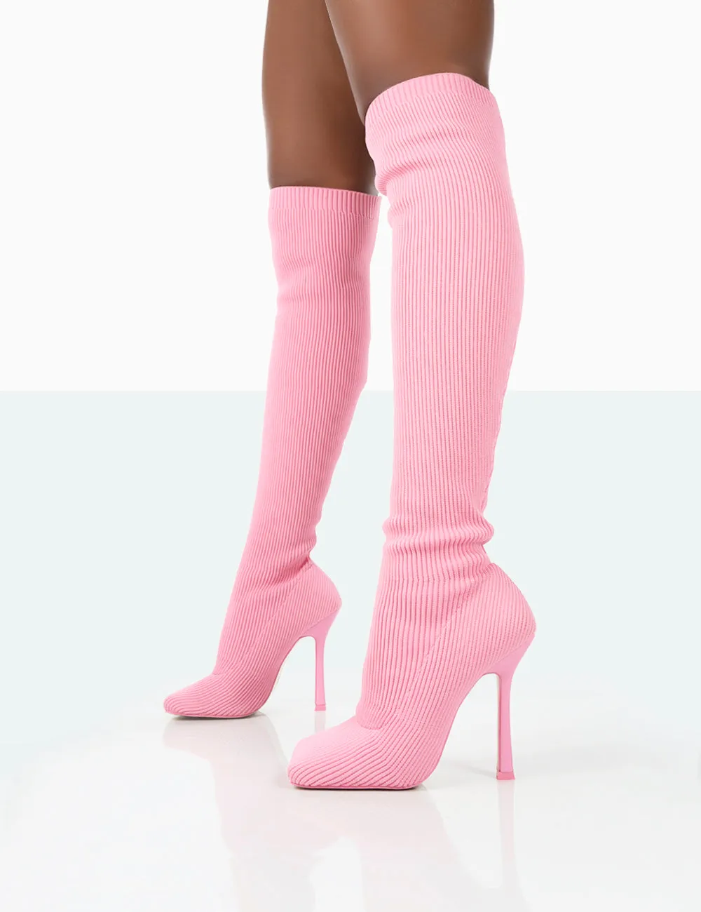 Bubbles Pink Knitted Wide Fit Square Toe Over The Knee Stiletto Boots