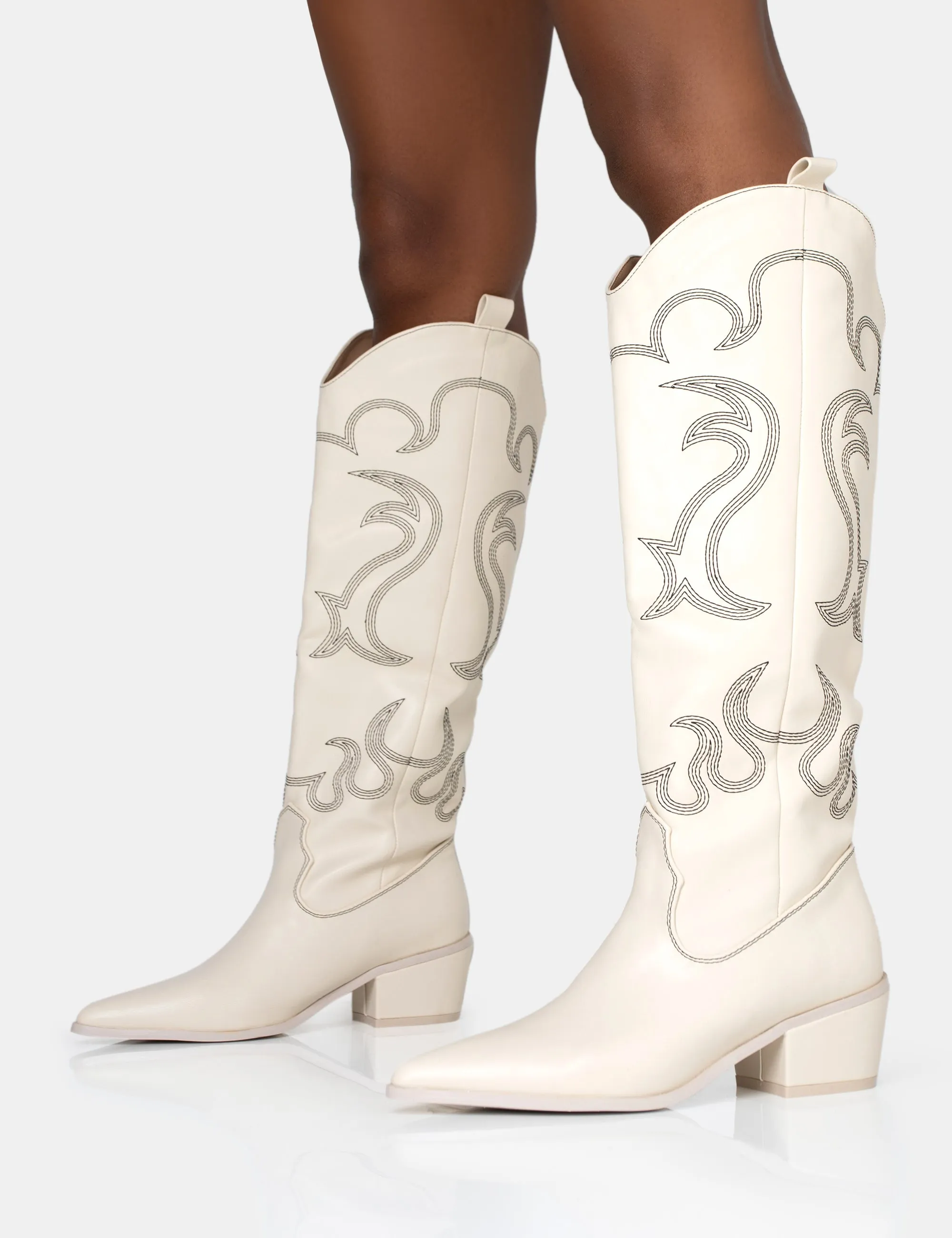 Cooper Ecru PU Western Embroidered Knee High Cowboy Boot