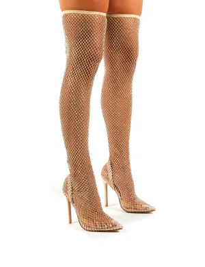 Deal Breaker Nude Diamante Fishnet Stiletto Over the Knee High Heels