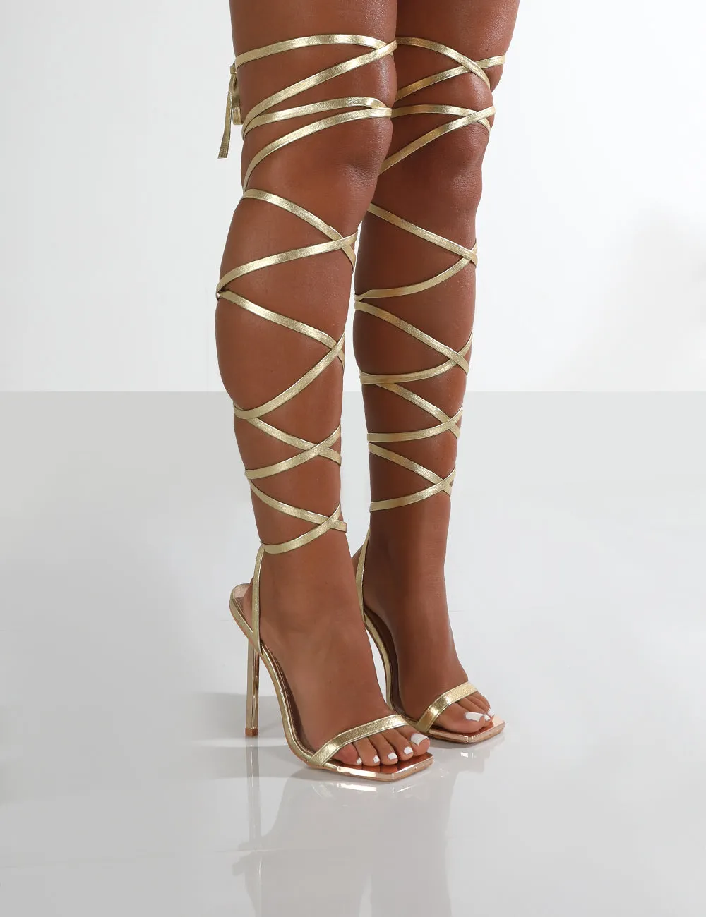 Demy Gold PU Knee High Lace Up Stiletto Heels