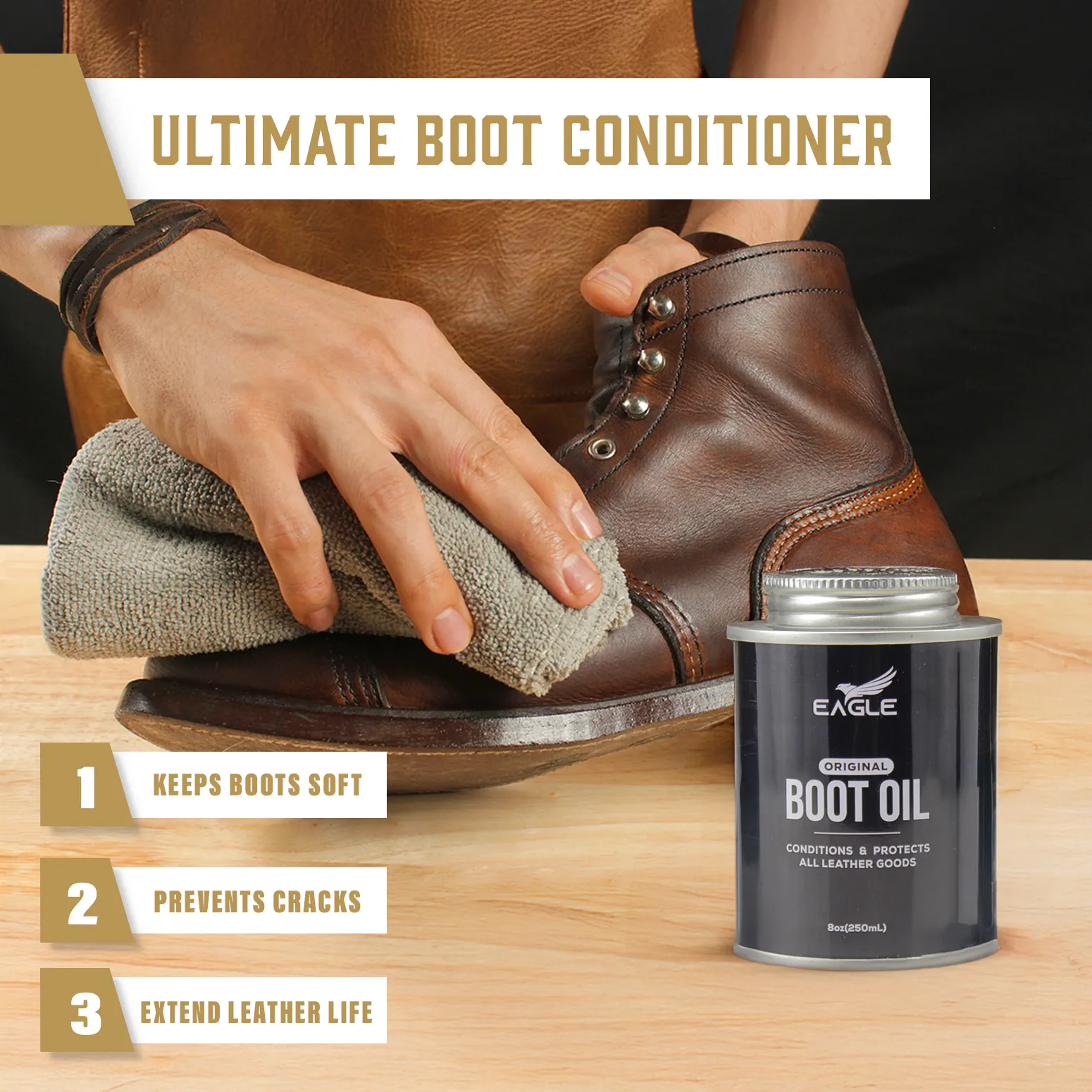 Eagle Leather Boot Oil for Work Boots, Cowboy Boots, & Shoes - Includes Applicator & Premium Towel - All-Natural Deep Leather Conditioner(8.45oz)