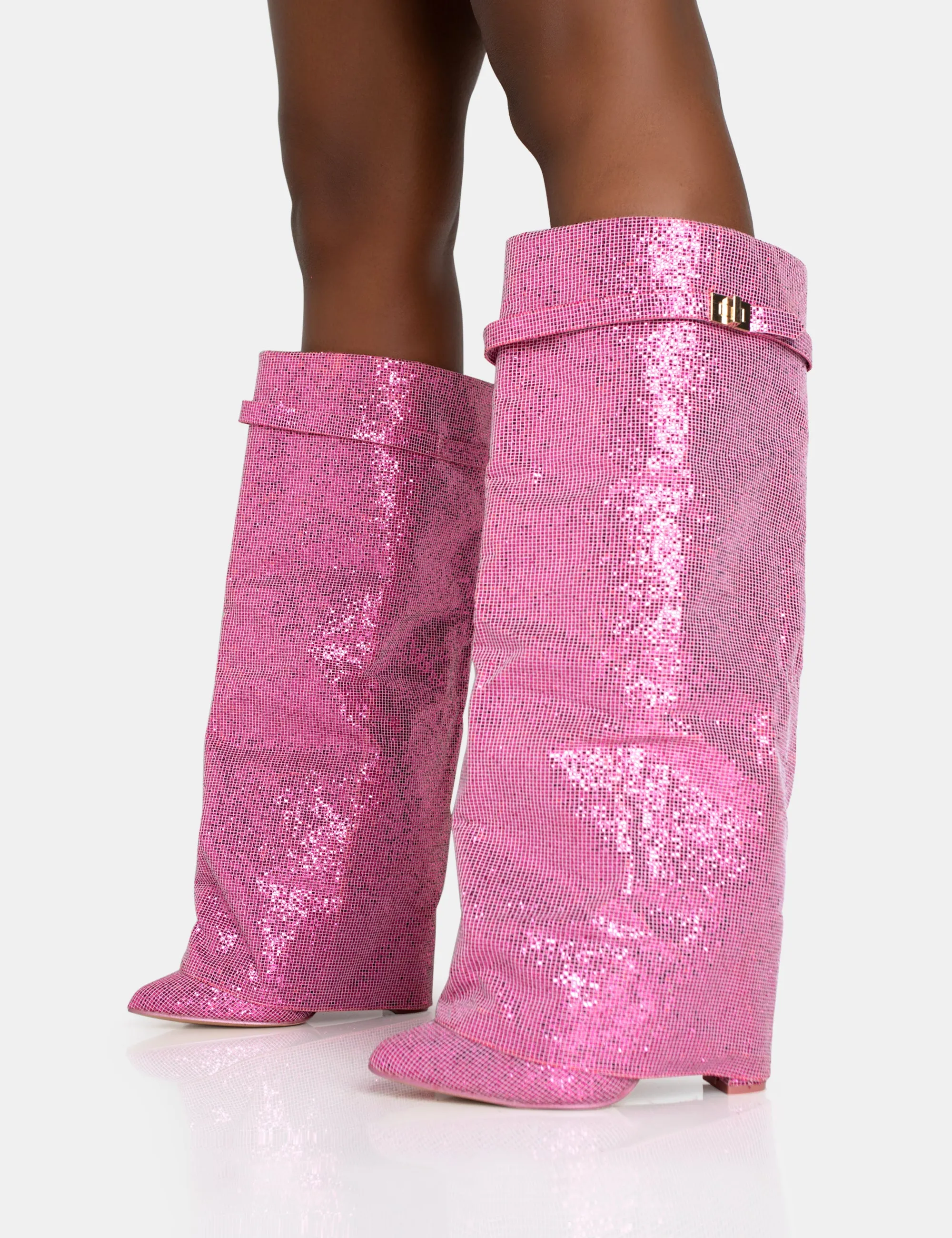 Echo Hot Pink Glitter Twist Lock Detail Fold Over Pointed Toe Knee High Boots