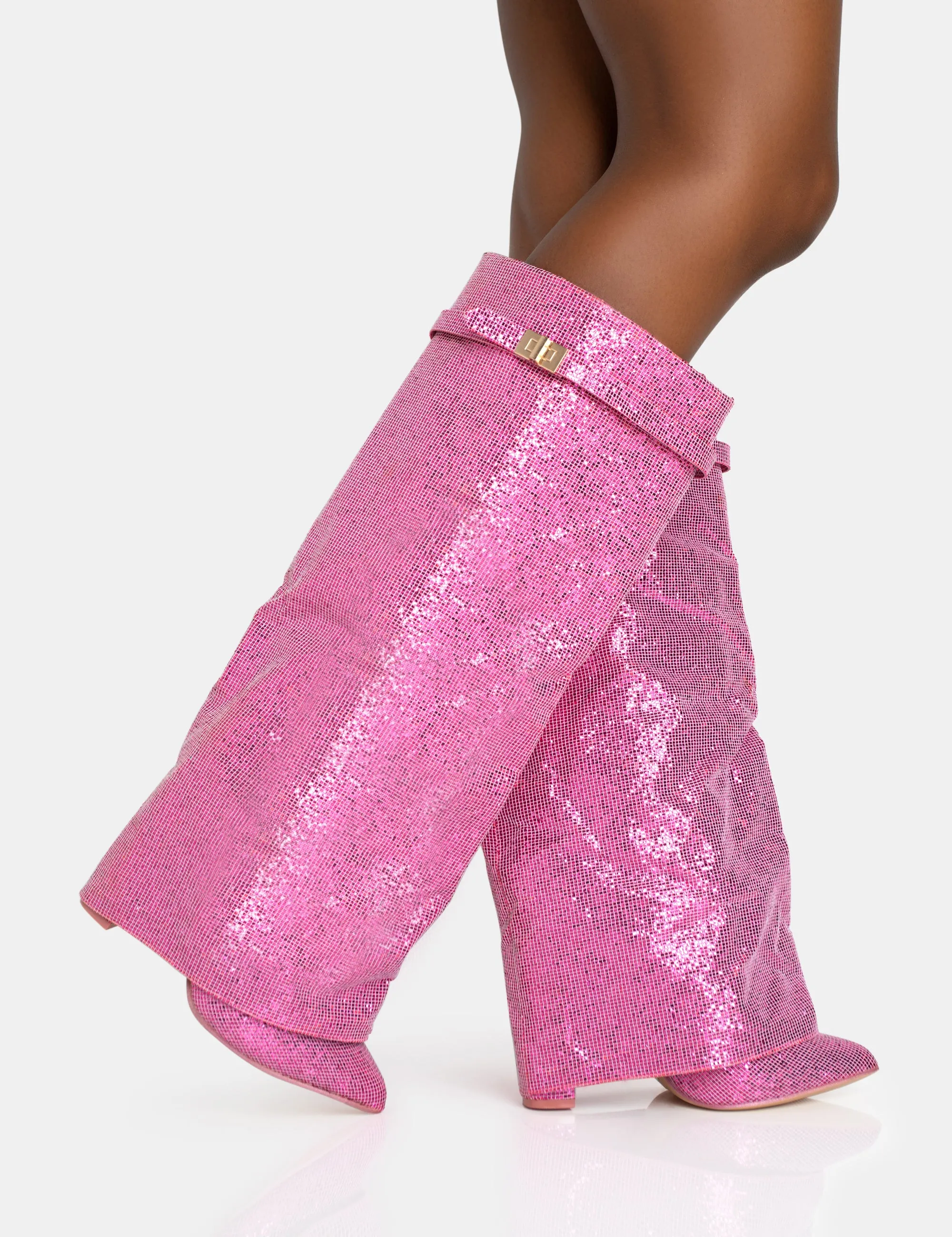 Echo Hot Pink Glitter Twist Lock Detail Fold Over Pointed Toe Knee High Boots