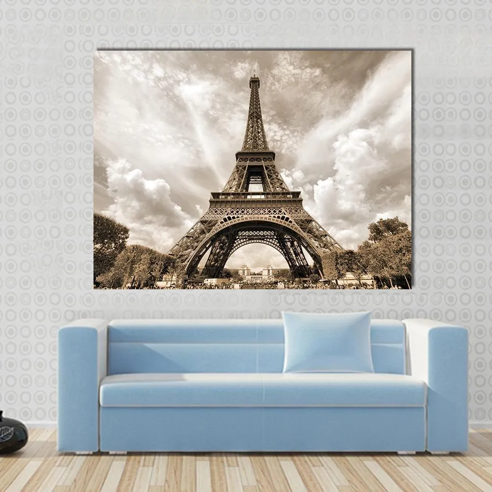 Eiffel Tower Under Clouds Canvas Wall Art