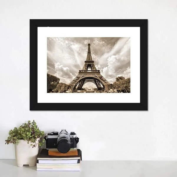 Eiffel Tower Under Clouds Canvas Wall Art