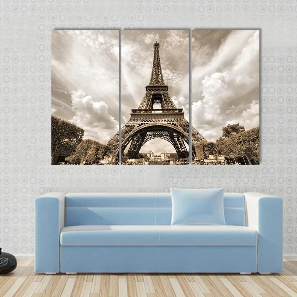 Eiffel Tower Under Clouds Canvas Wall Art