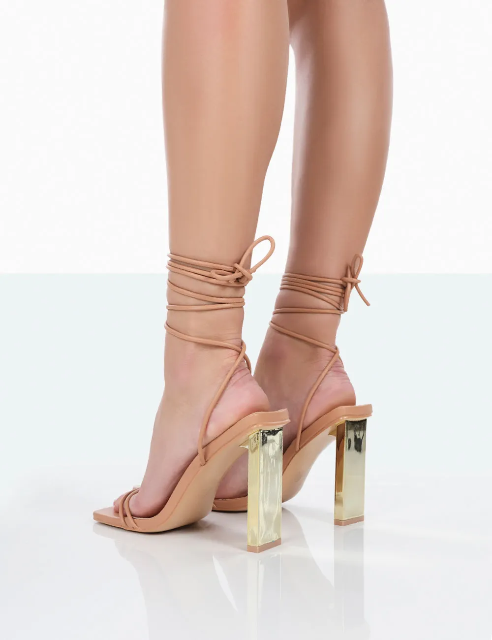 Either Way Nude Pu Square Toe Lace Up Thin Block Heels