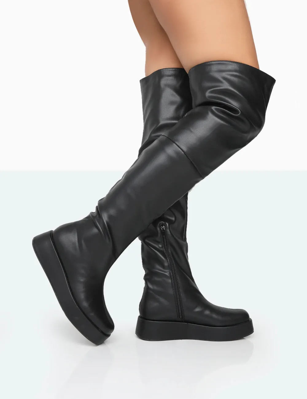 Erica Black Pu Chunky Platform Over The Knee Boots