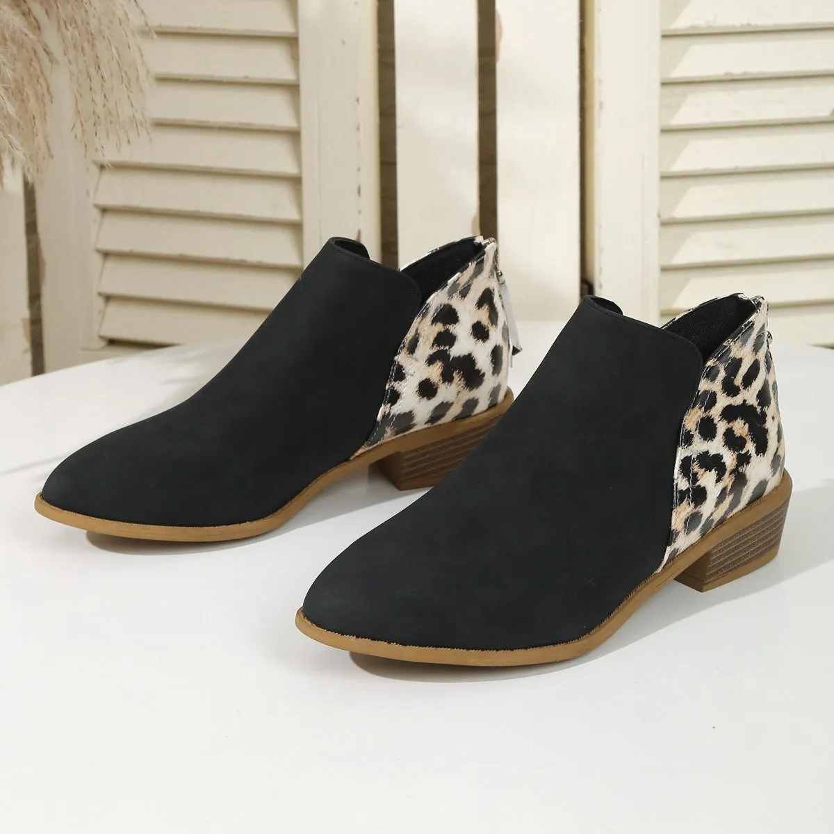 Fashion Leopard Print Boots Women's Pointed Thick Heels Back Zipper Shoes