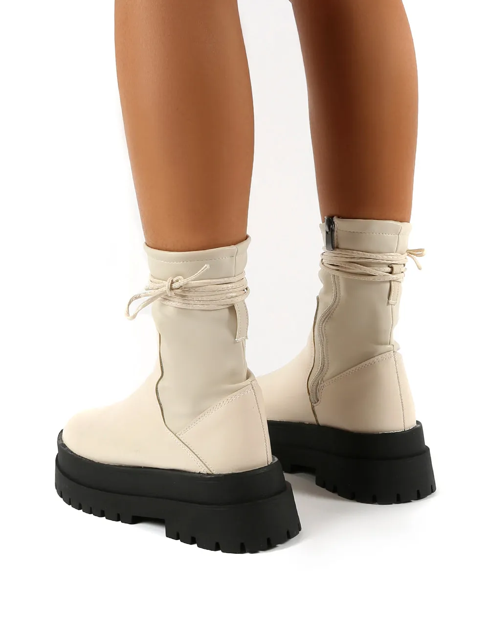 Finale Beige Chunky Sole Ankle Wrap Boots