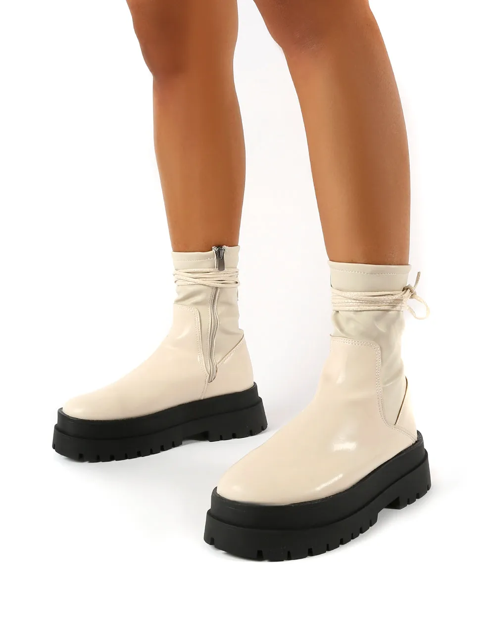 Finale Beige Chunky Sole Ankle Wrap Boots