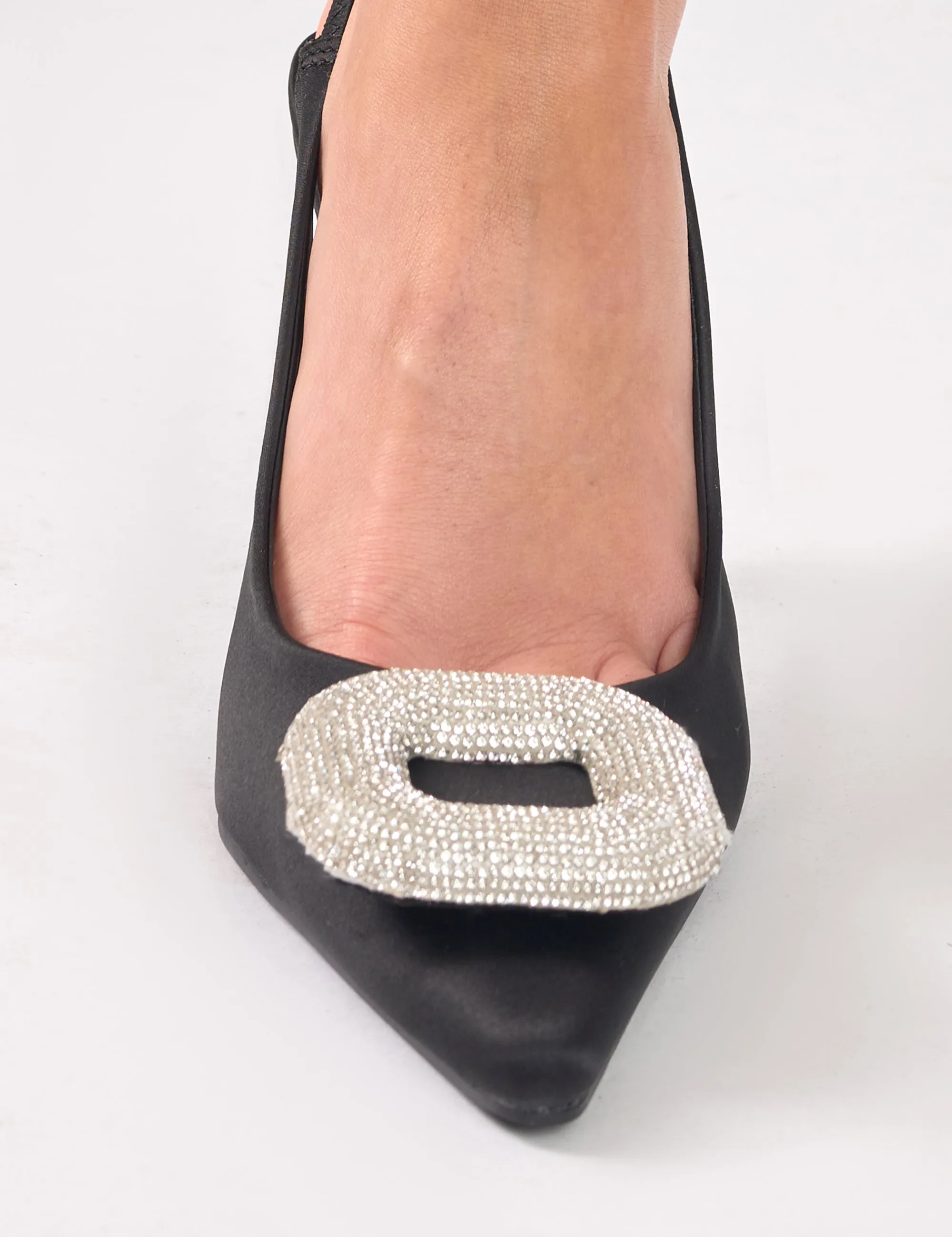 Floss Black Satin Diamante Embellished Sling Back Court Heels