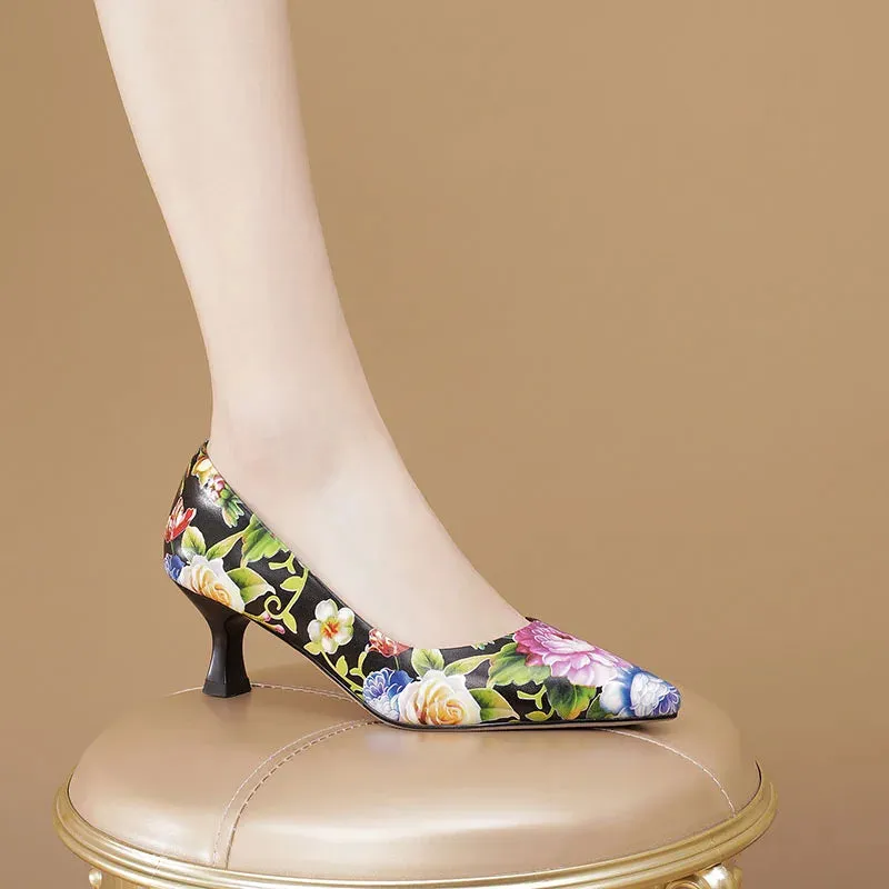 Flower Print Kitten Heel Pumps