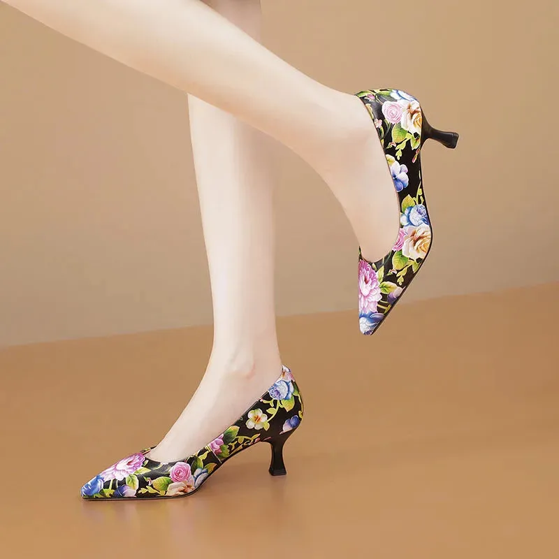 Flower Print Kitten Heel Pumps