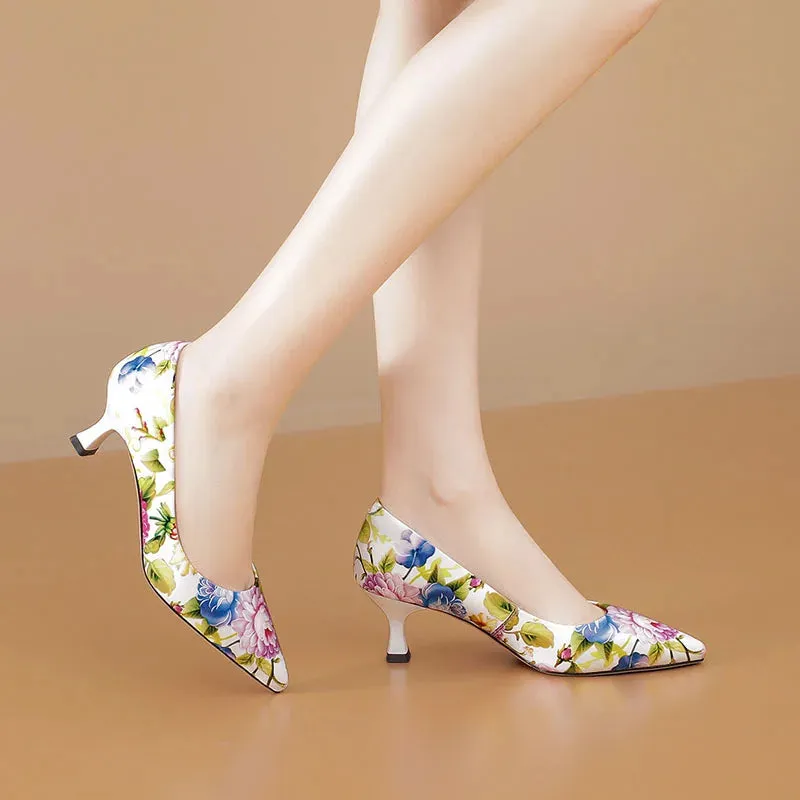 Flower Print Kitten Heel Pumps