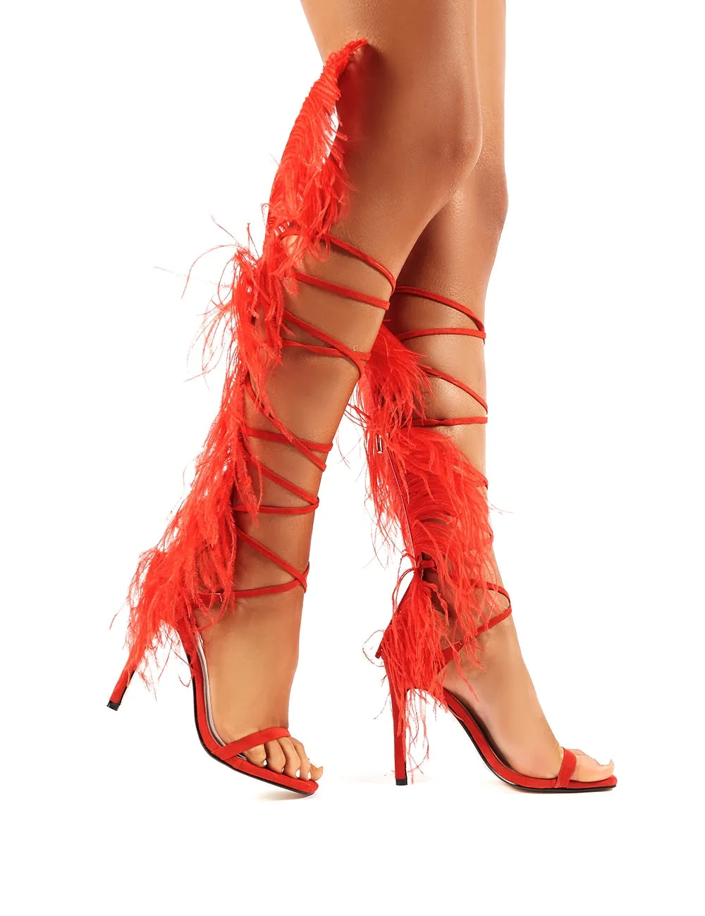 Frolic Red Feather Extreme Lace Up Stiletto High Heels