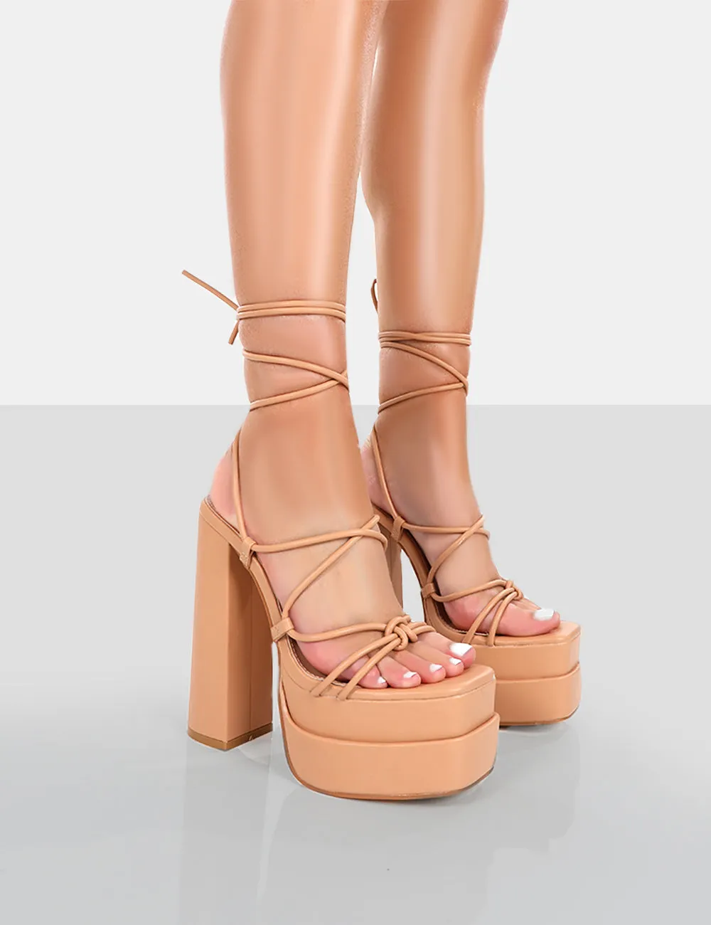 Glow Girl Nude PU Lace Up Platform High Heels