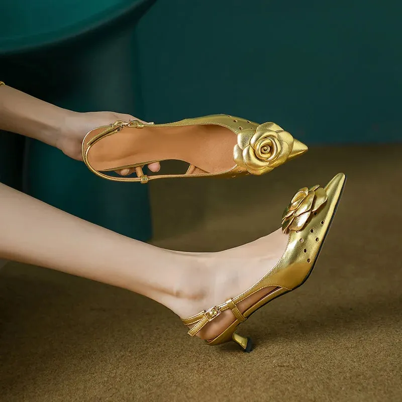 Gold Flower Pointed Toe Slingback Pumps