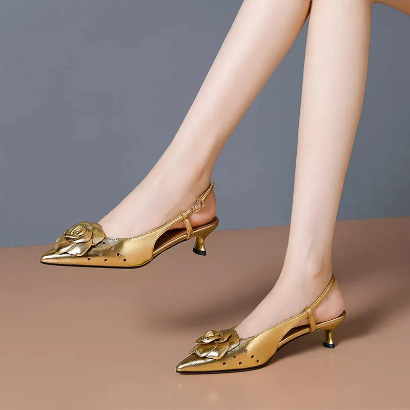 Gold Flower Pointed Toe Slingback Pumps