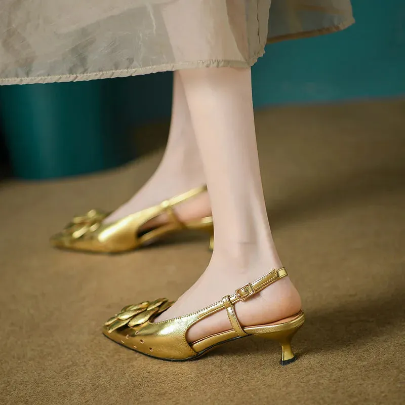 Gold Flower Pointed Toe Slingback Pumps