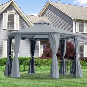 Hexagon Gazebo Patio Canopy Party Tent Outdoor Garden Shelter w/ 2 Tier Roof & Side Panel - Grey