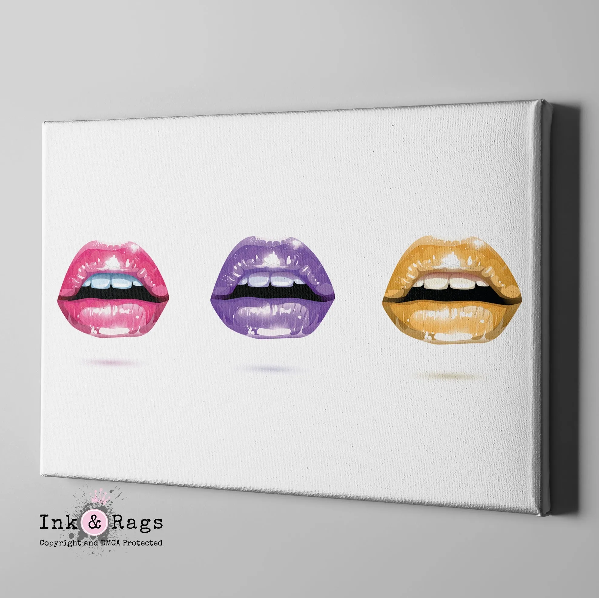 Lips Trio Pink Purple and Gold Lips Gallery Wrapped Canvas