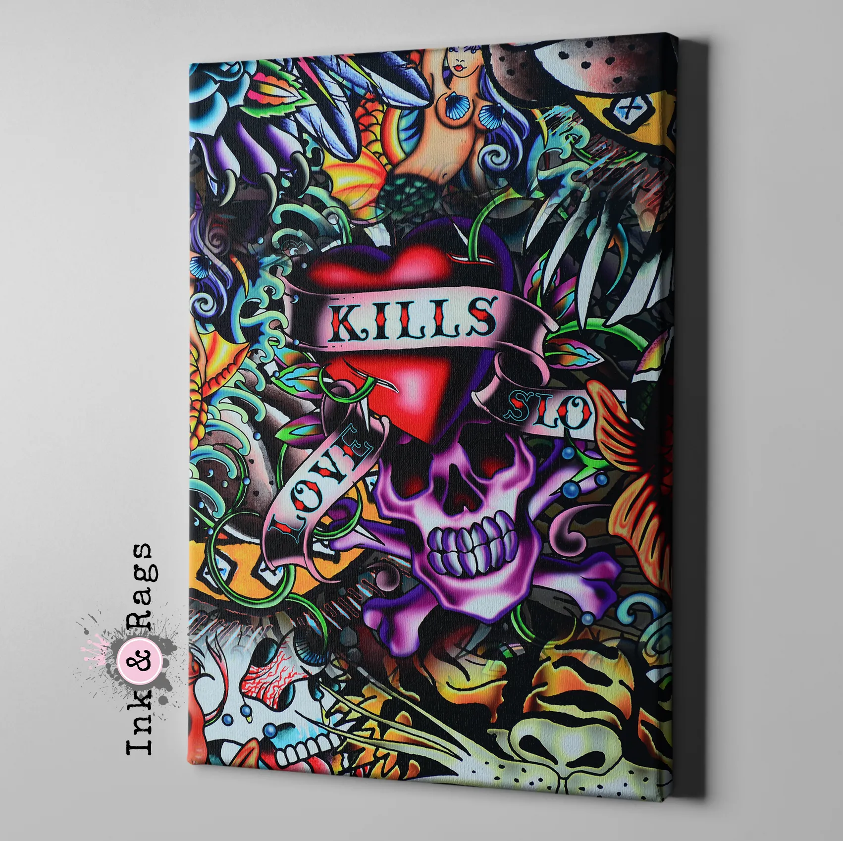 Love Kills Retro Tattoo Skull Gallery Wrapped Canvas