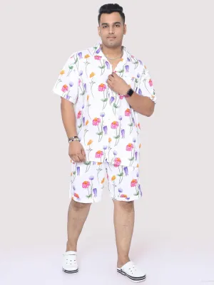 Men Plus Size Daisy Flowers Printed Half Sleeve Co-Ords