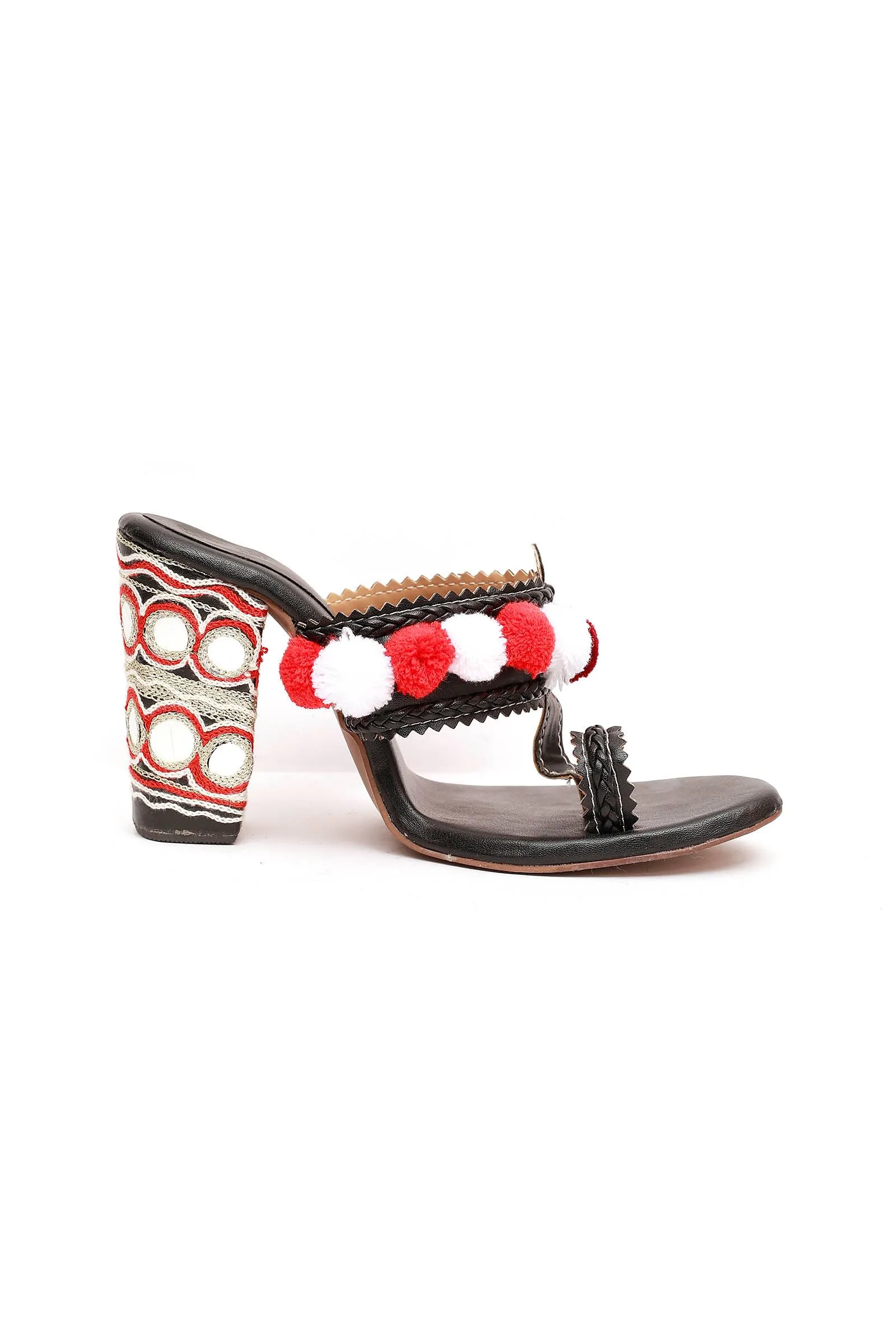 Red and White Pom Pom Kutch Block Heels