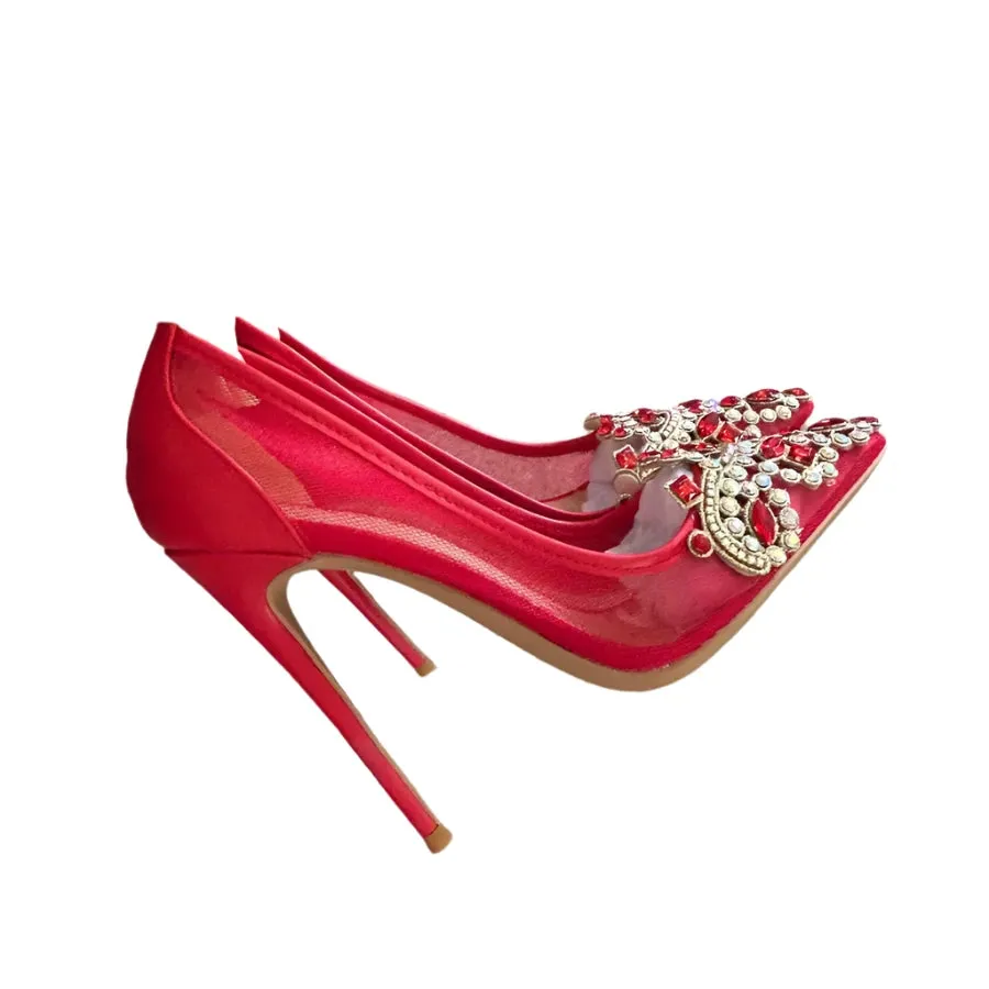 TEEK - Red Bejeweled Mesh Mentioned High Heels