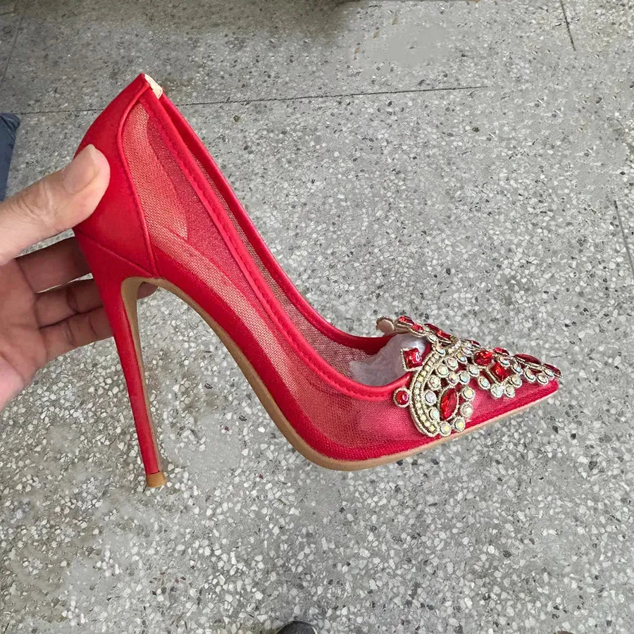 TEEK - Red Bejeweled Mesh Mentioned High Heels