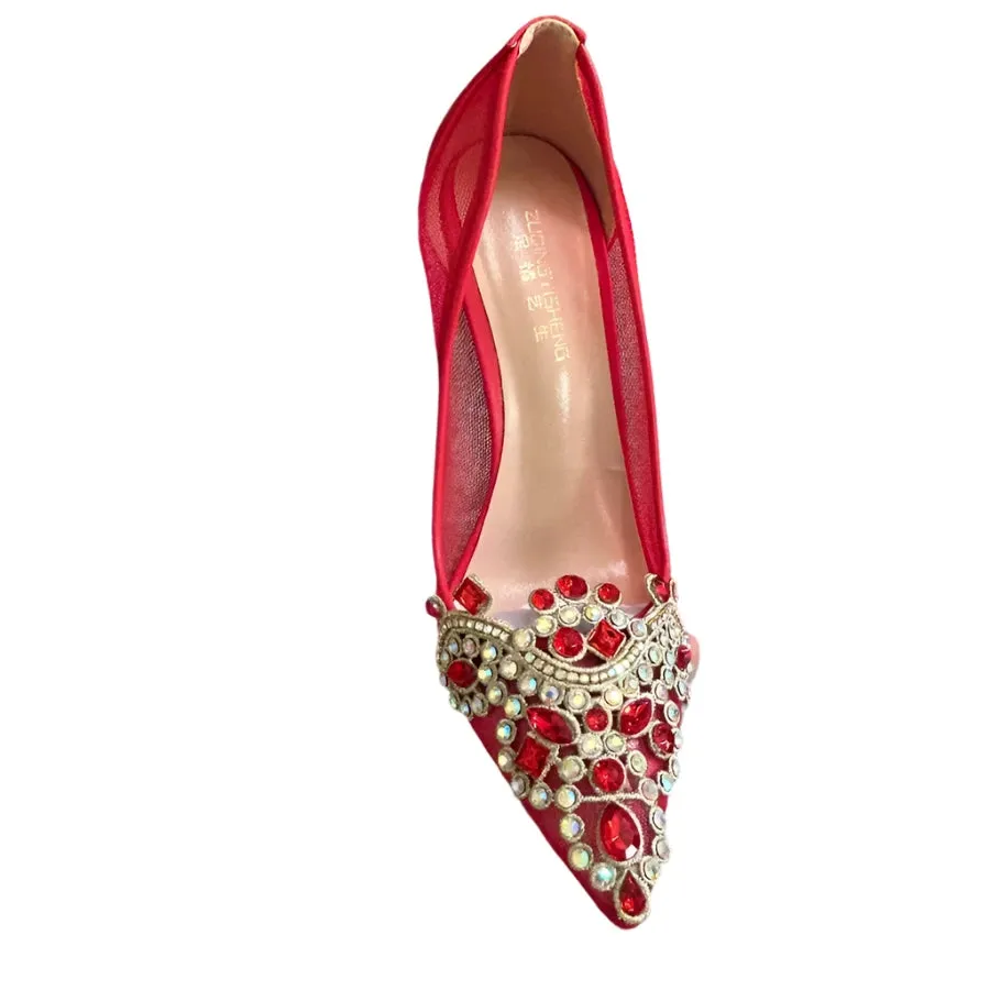 TEEK - Red Bejeweled Mesh Mentioned High Heels