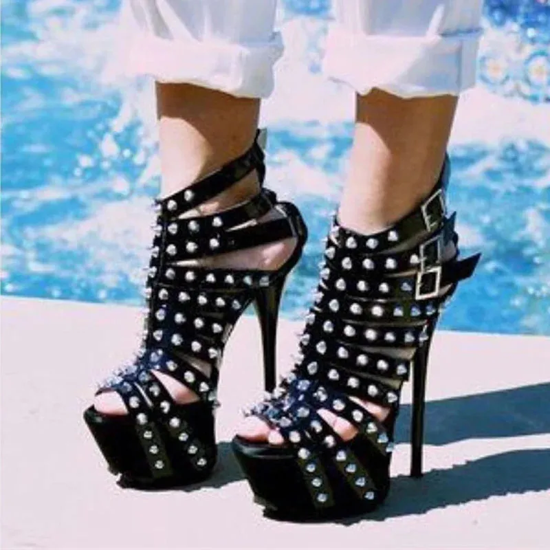 Trendy Black Fashion Rivet Peep Toe Heels