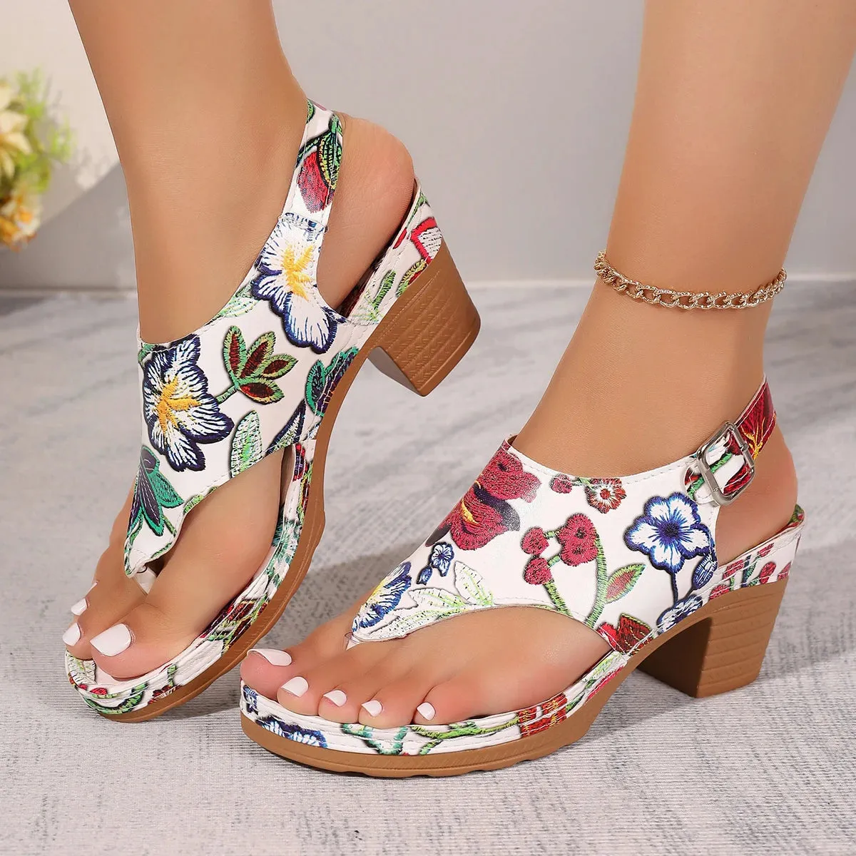 Trendy Floral Mid Platform Casual Heels