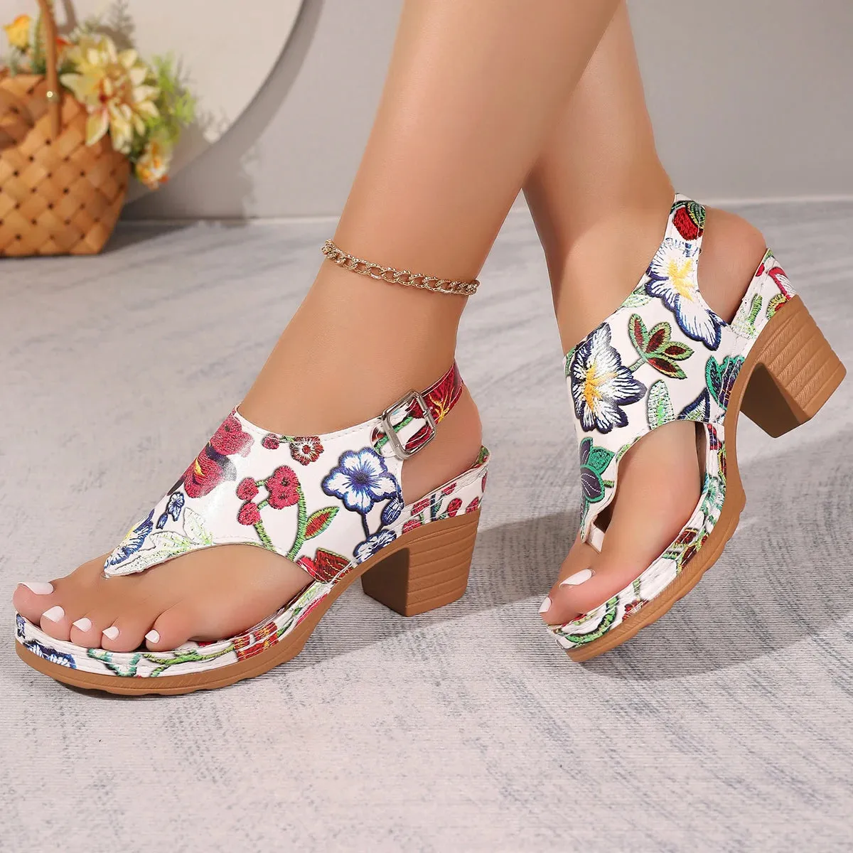 Trendy Floral Mid Platform Casual Heels