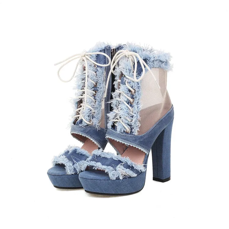 Trendy Gladiator Floral Lace Denim High Heels