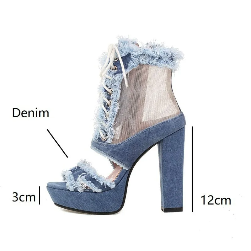 Trendy Gladiator Floral Lace Denim High Heels