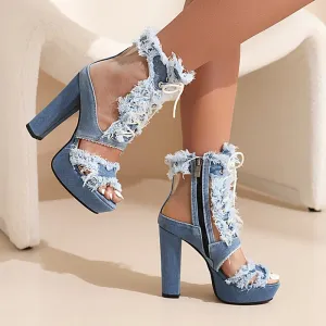 Trendy Gladiator Floral Lace Denim High Heels