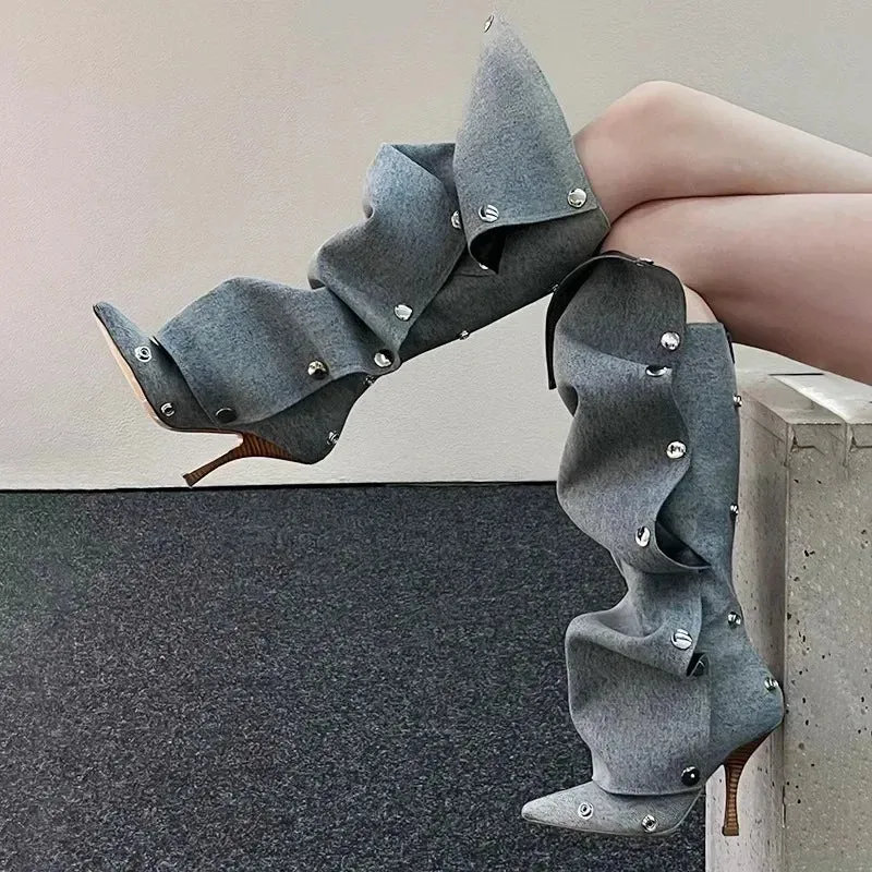 Trendy High Heel Pointed Denim Metal Button Artsy Boots